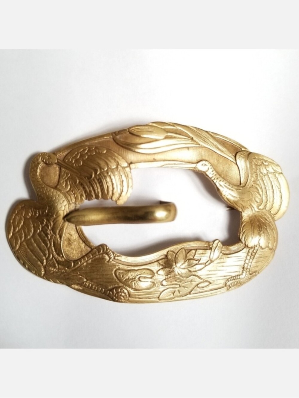 Antique crane brooch lily pad sash pin nouveau gold tone vintage Edwardian